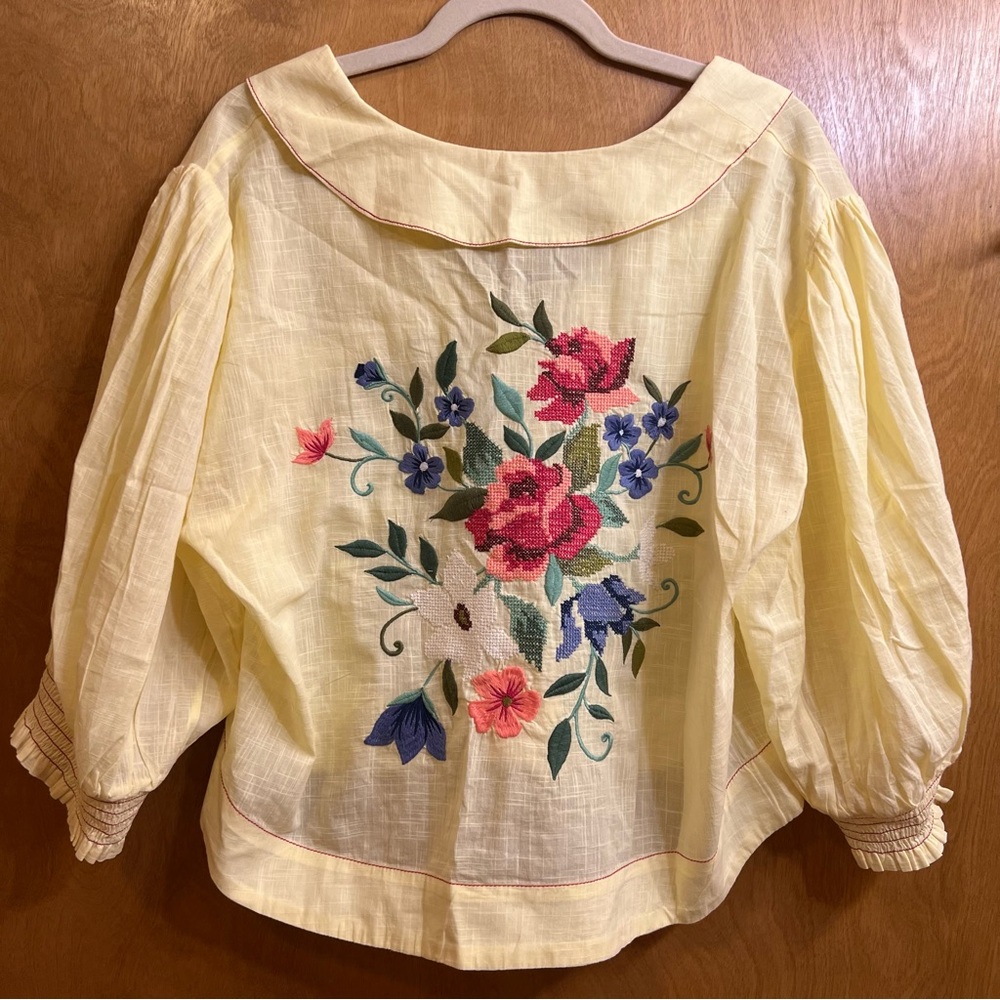Free People Ryland Blouse in Summer Lemonade, Beautiful Embroidery, NWT - Picture 9 of 15